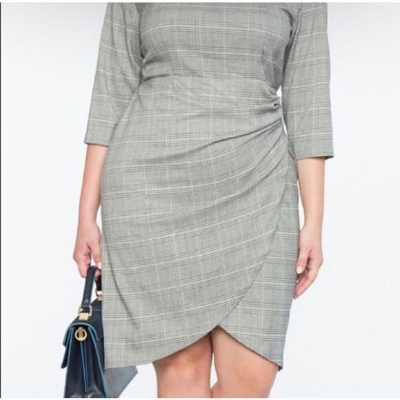 ELOQUII Faux Wrap Ruched Houndstooth Plaid Sheath Dress Grey/Black/White Size 14 - Picture 1 of 11